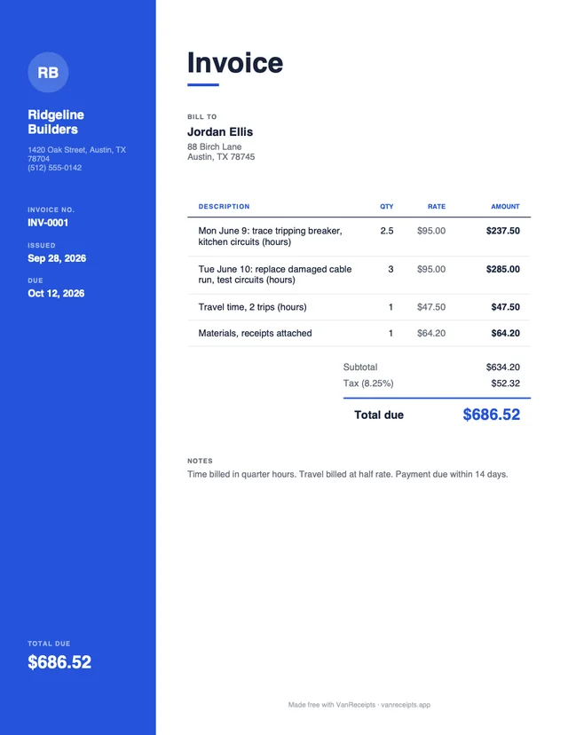 Hourly invoice template in the Modern design, filled with a sample job