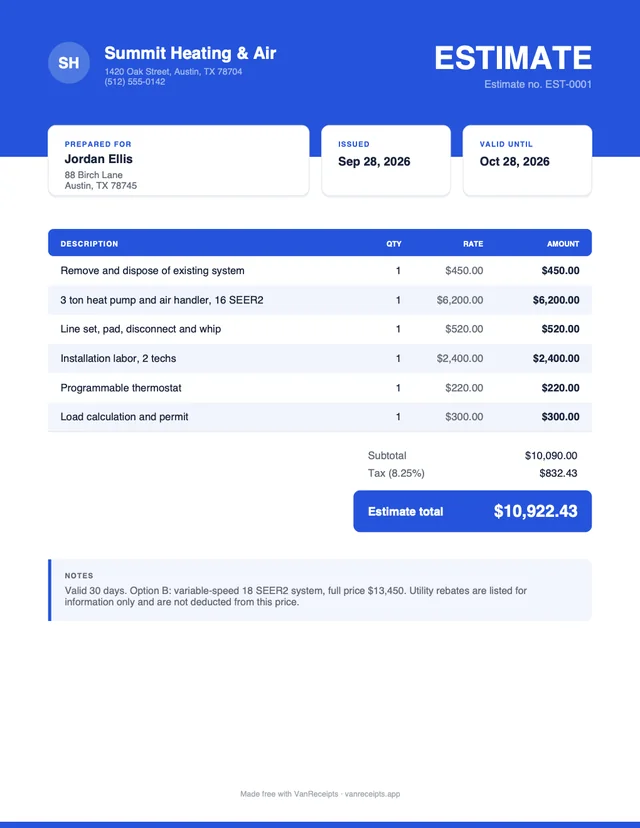 HVAC estimate template in the Bold design, filled with a sample job