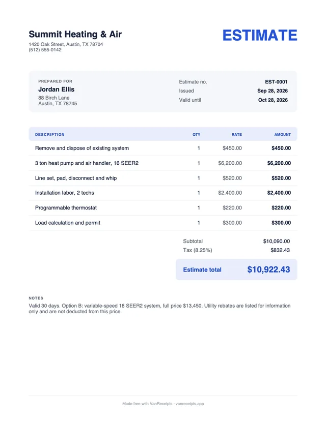 HVAC estimate template in the Classic design, filled with a sample job