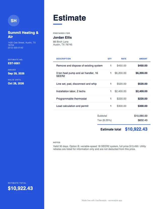 HVAC estimate template in the Modern design, filled with a sample job