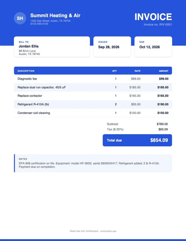 HVAC invoice template in the Bold design, filled with a sample job