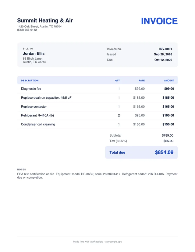 HVAC invoice template in the Classic design, filled with a sample job