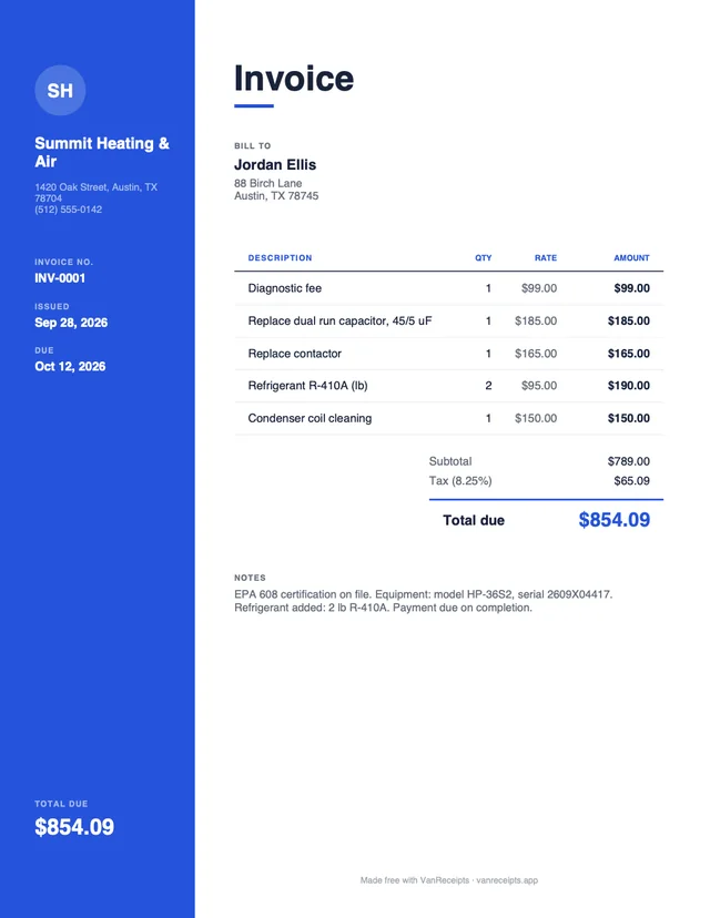 HVAC invoice template in the Modern design, filled with a sample job