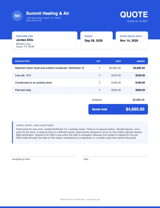 HVAC quote template in the Bold design, filled with a sample job