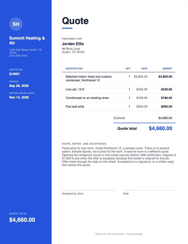 HVAC quote template in the Modern design, filled with a sample job
