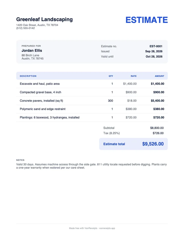 Landscaping estimate template in the Classic design, filled with a sample job