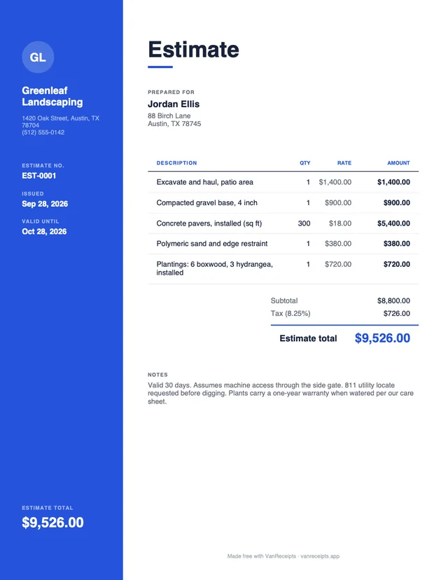 Landscaping estimate template in the Modern design, filled with a sample job