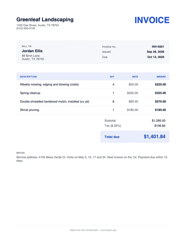 Landscaping and lawn care invoice template in the Classic design, filled with a sample job