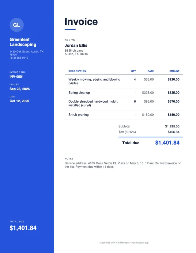 Landscaping and lawn care invoice template in the Modern design, filled with a sample job