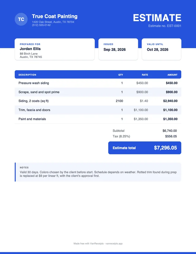 Painting estimate template in the Bold design, filled with a sample job