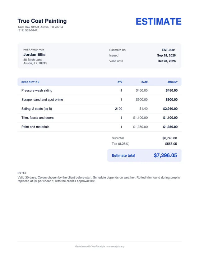 Painting estimate template in the Classic design, filled with a sample job