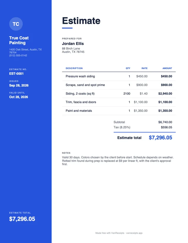 Painting estimate template in the Modern design, filled with a sample job