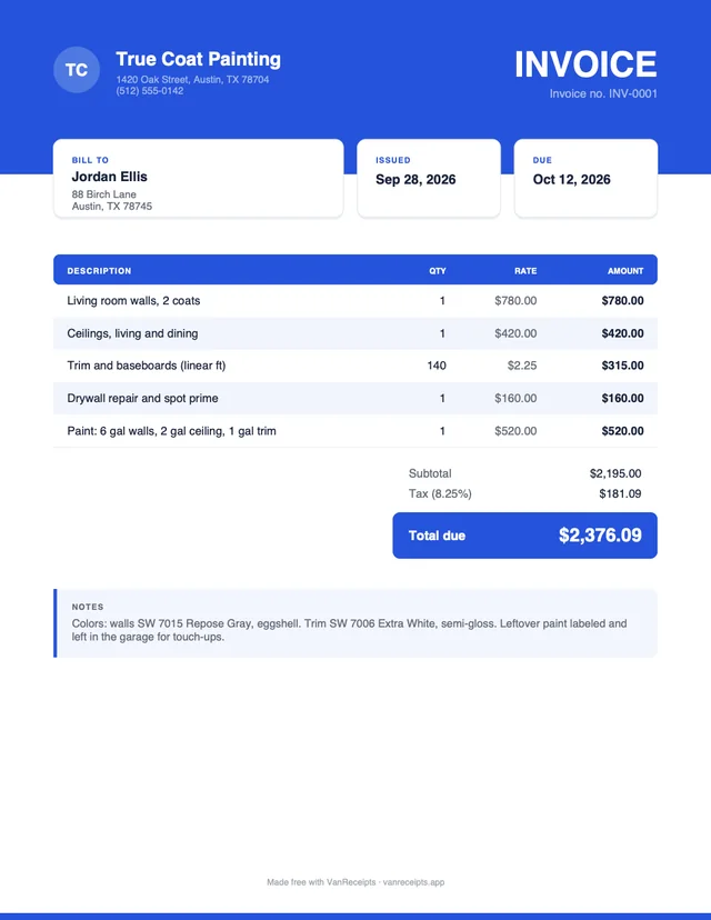 Painting invoice template in the Bold design, filled with a sample job