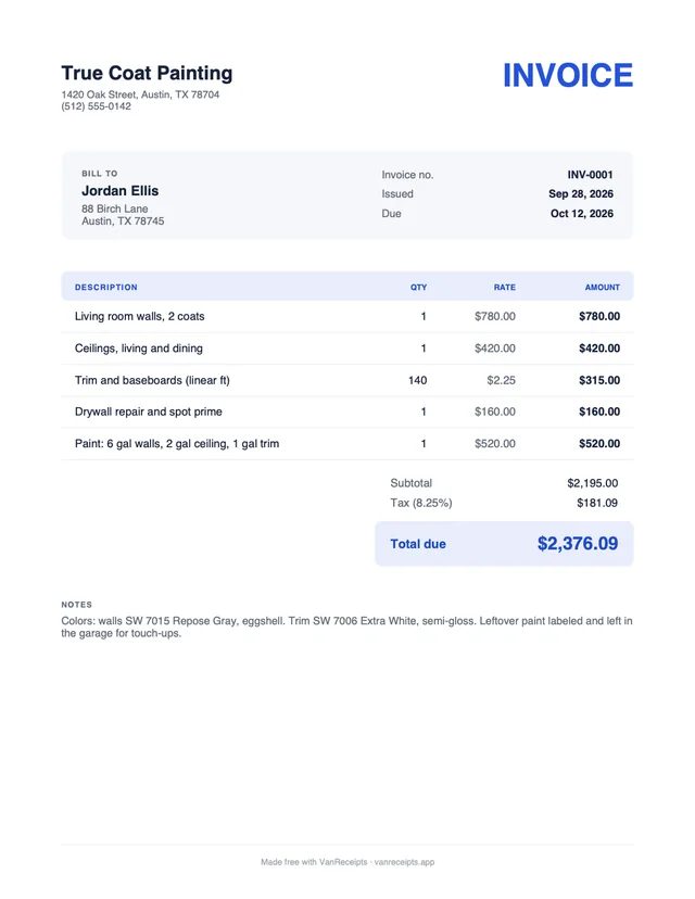 Painting invoice template in the Classic design, filled with a sample job