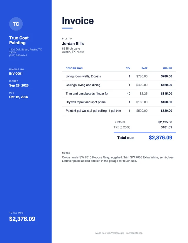Painting invoice template in the Modern design, filled with a sample job