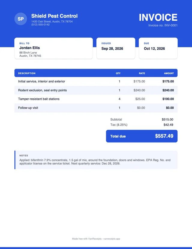Pest control invoice template in the Bold design, filled with a sample job