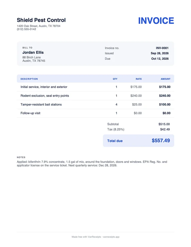 Pest control invoice template in the Classic design, filled with a sample job