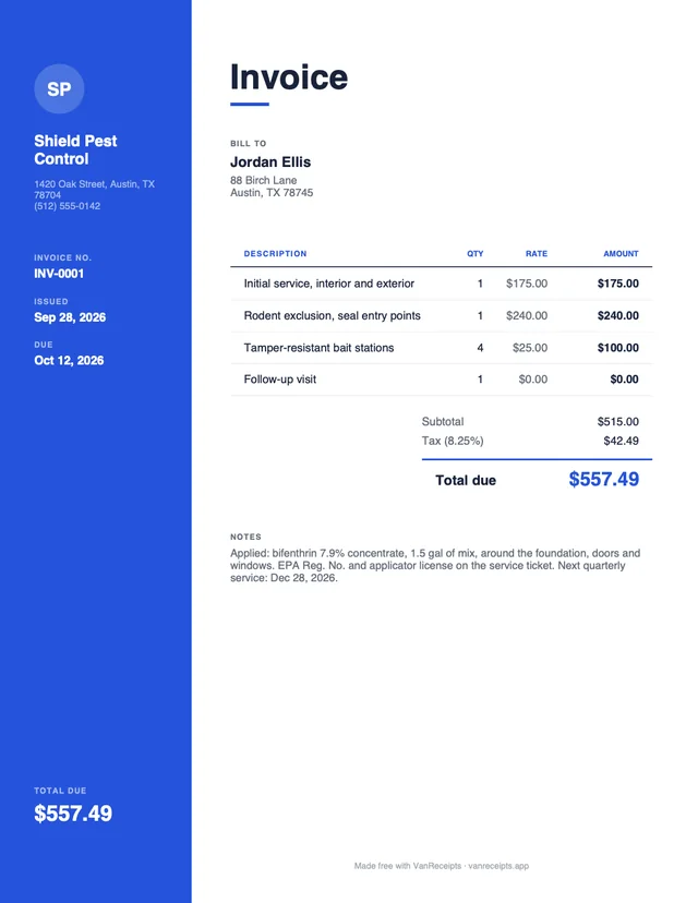 Pest control invoice template in the Modern design, filled with a sample job