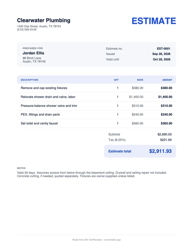Plumbing estimate template in the Classic design, filled with a sample job