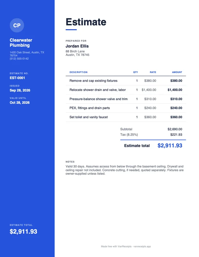 Plumbing estimate template in the Modern design, filled with a sample job