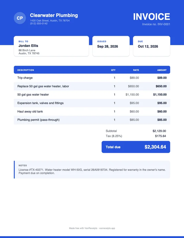 Plumbing invoice template in the Bold design, filled with a sample job