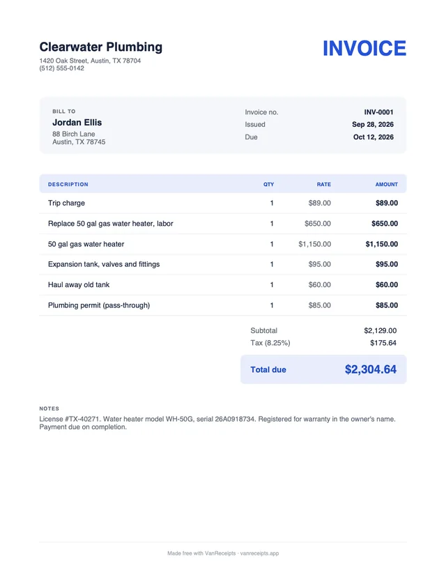 Plumbing invoice template in the Classic design, filled with a sample job