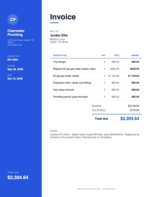 Plumbing invoice template in the Modern design, filled with a sample job