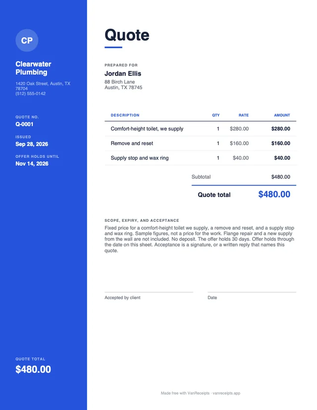 Plumbing quote template in the Modern design, filled with a sample job