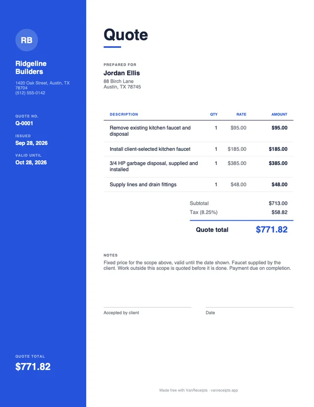 Free quote template in the Modern design, filled with a sample job