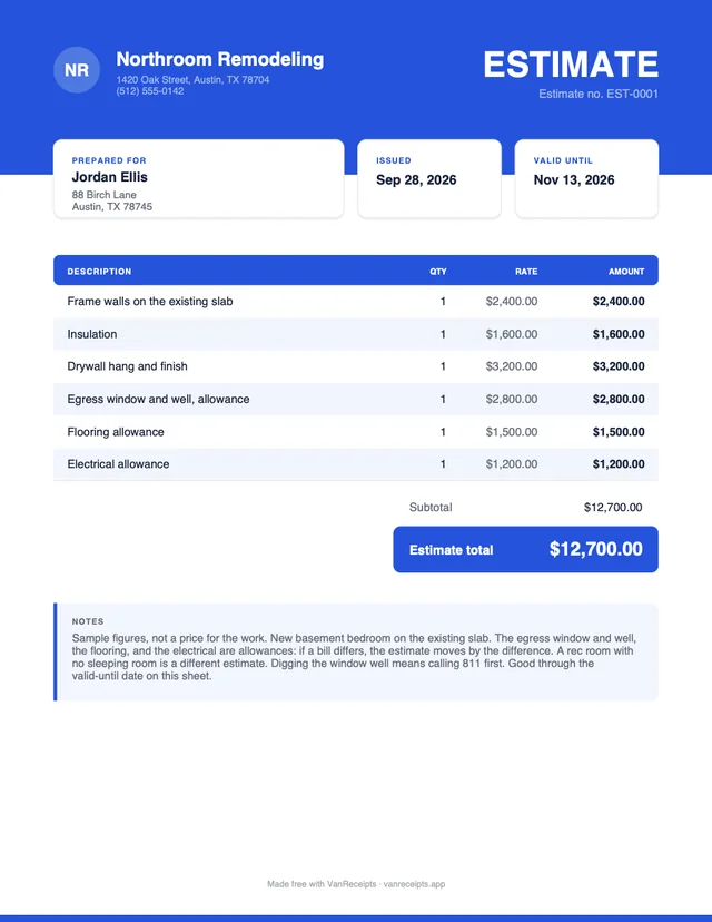 Remodeling estimate template in the Bold design, filled with a sample job