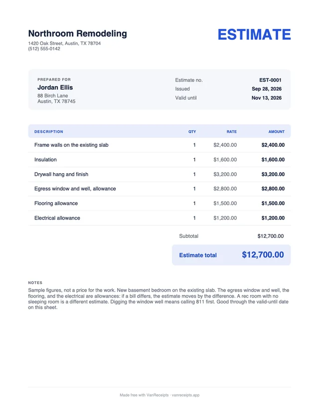 Remodeling estimate template in the Classic design, filled with a sample job
