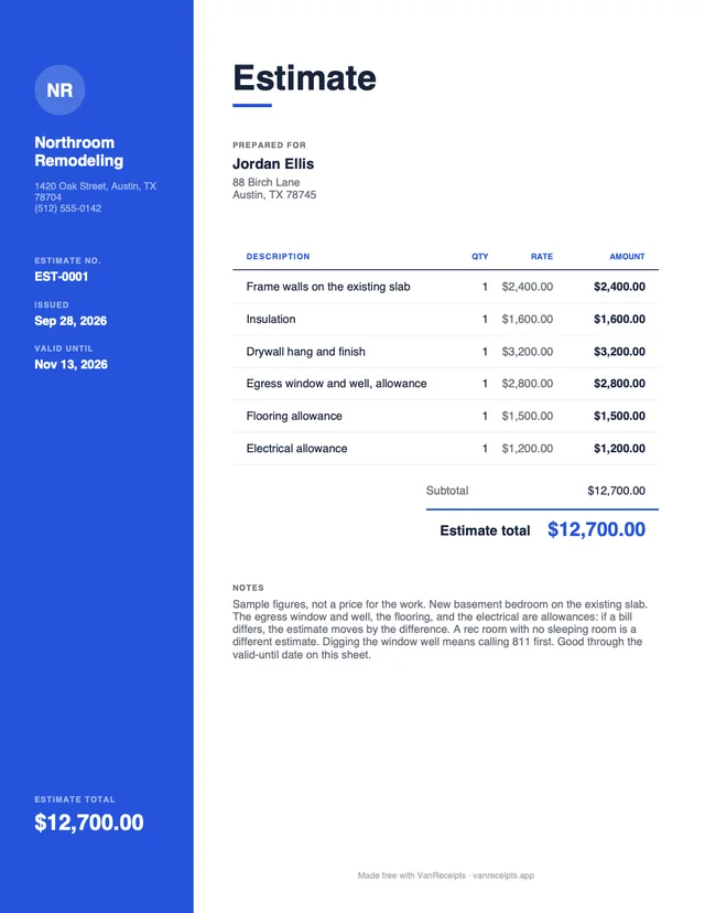 Remodeling estimate template in the Modern design, filled with a sample job
