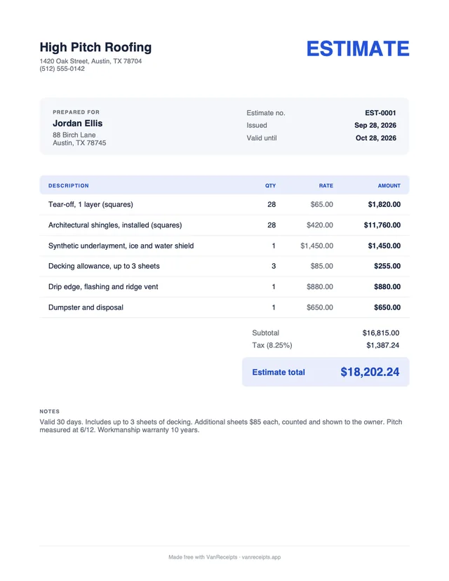Roofing estimate template in the Classic design, filled with a sample job
