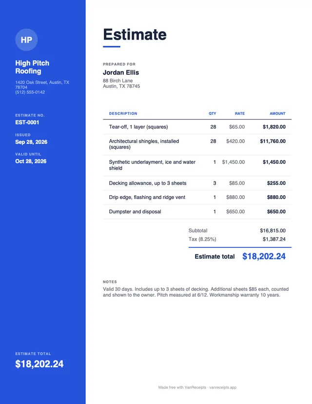 Roofing estimate template in the Modern design, filled with a sample job