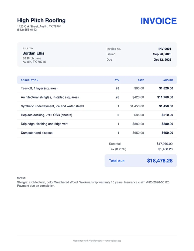 Roofing invoice template in the Classic design, filled with a sample job