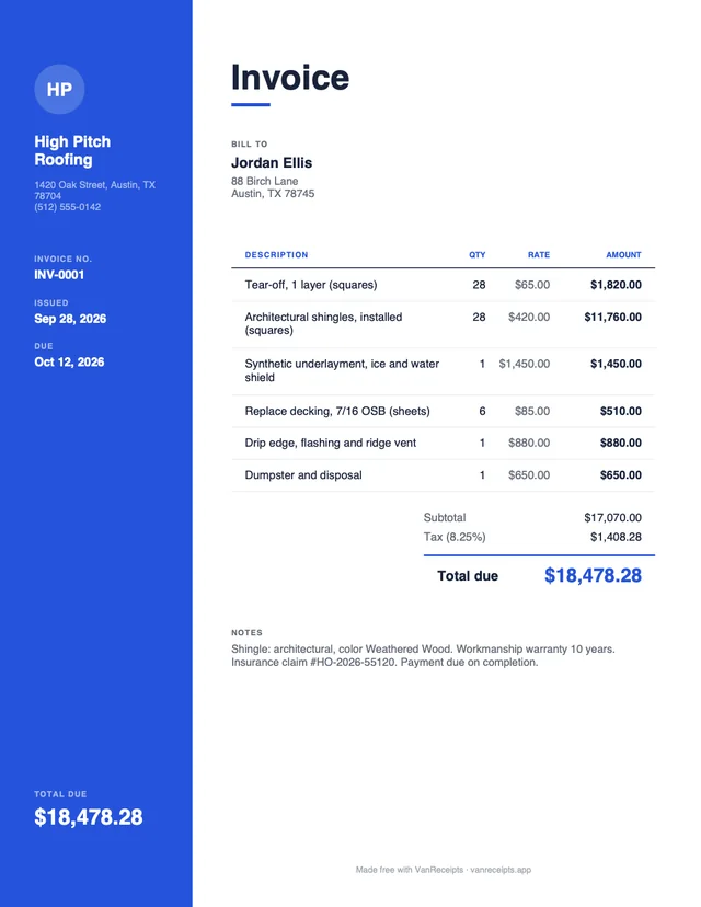 Roofing invoice template in the Modern design, filled with a sample job