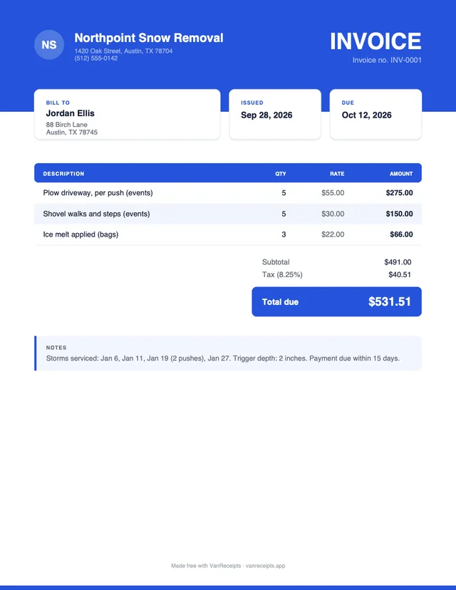 Snow removal invoice template in the Bold design, filled with a sample job