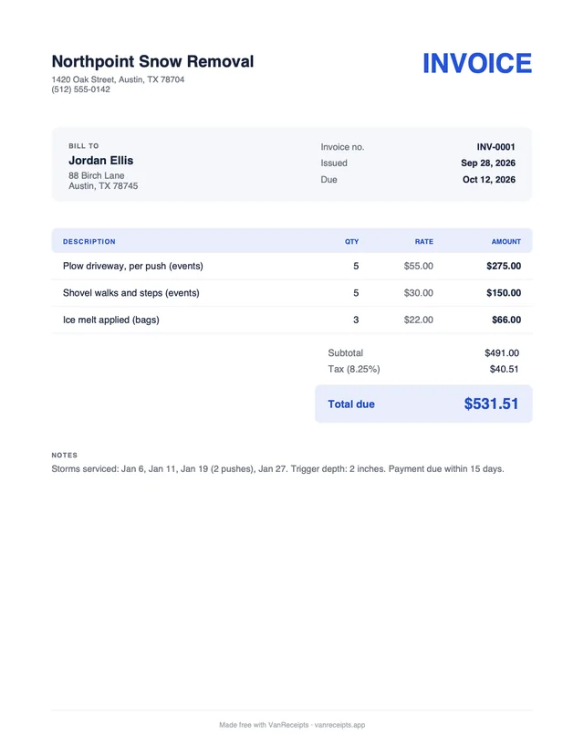 Snow removal invoice template in the Classic design, filled with a sample job