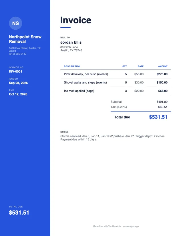Snow removal invoice template in the Modern design, filled with a sample job