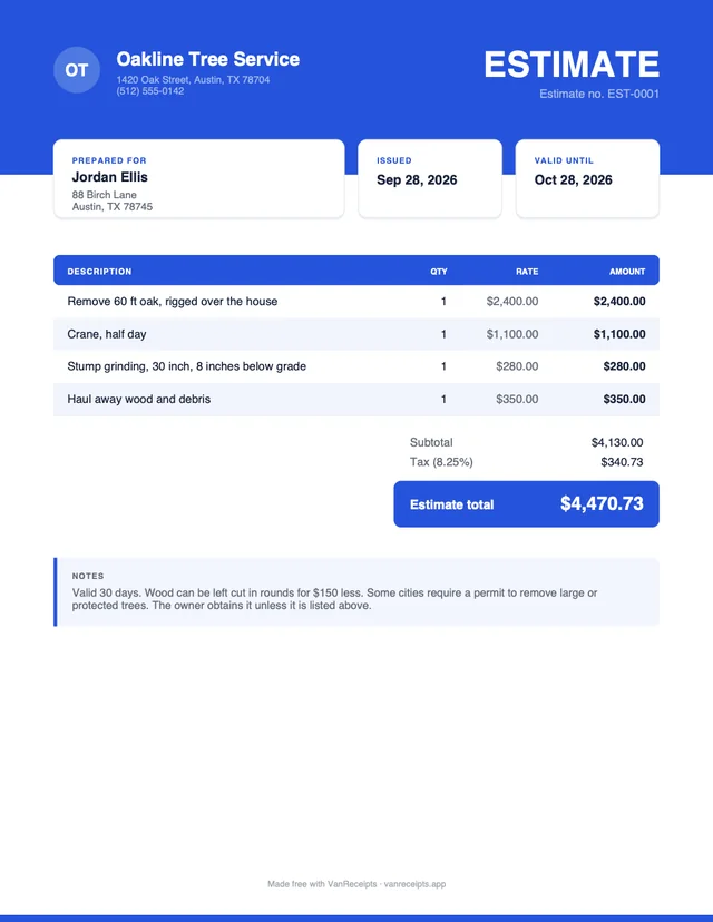 Tree service estimate template in the Bold design, filled with a sample job