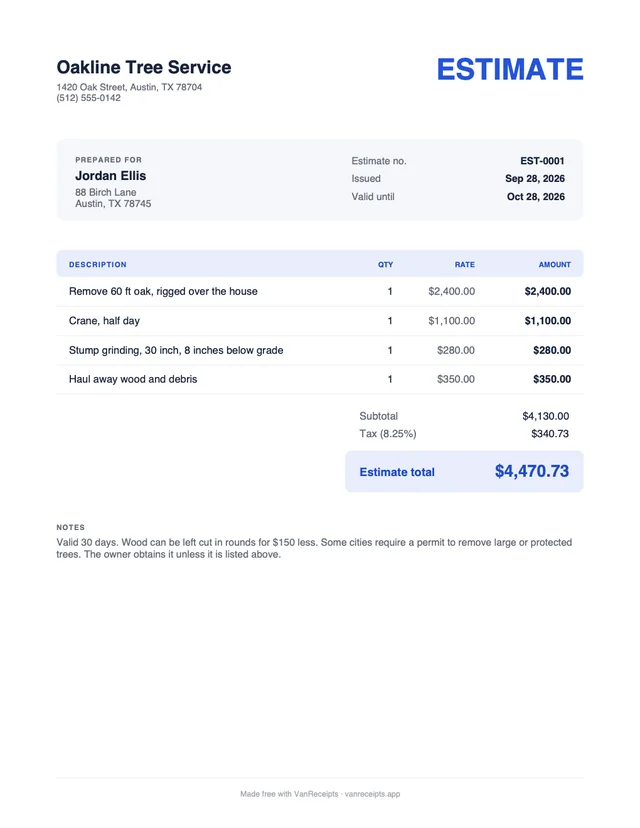 Tree service estimate template in the Classic design, filled with a sample job