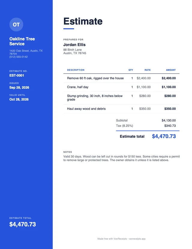 Tree service estimate template in the Modern design, filled with a sample job