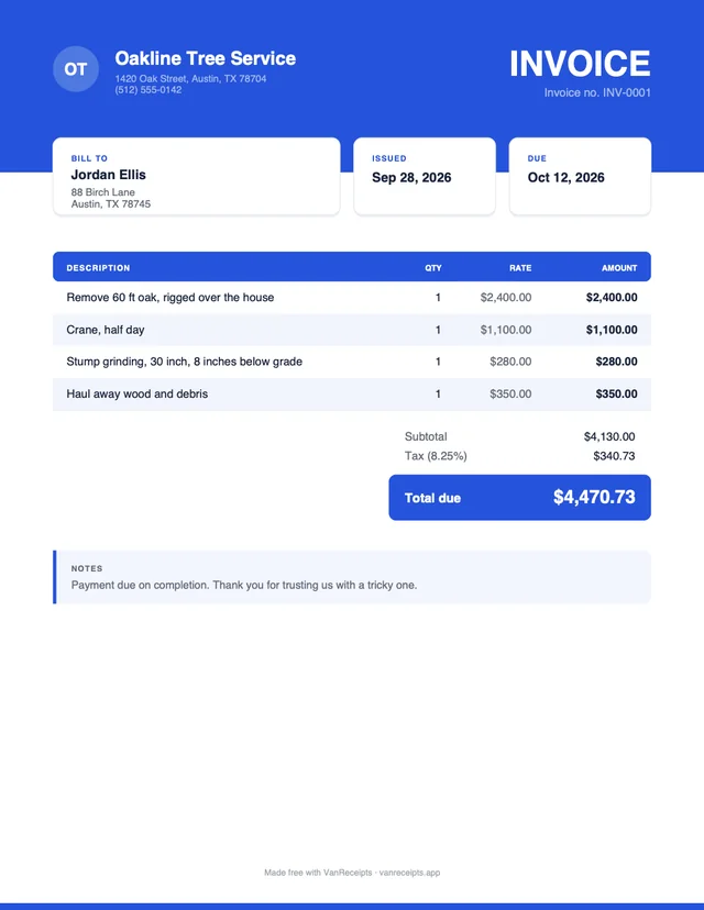 Tree service invoice template in the Bold design, filled with a sample job