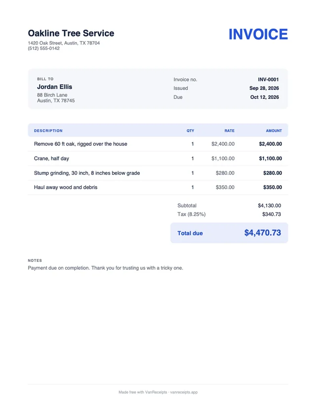 Tree service invoice template in the Classic design, filled with a sample job