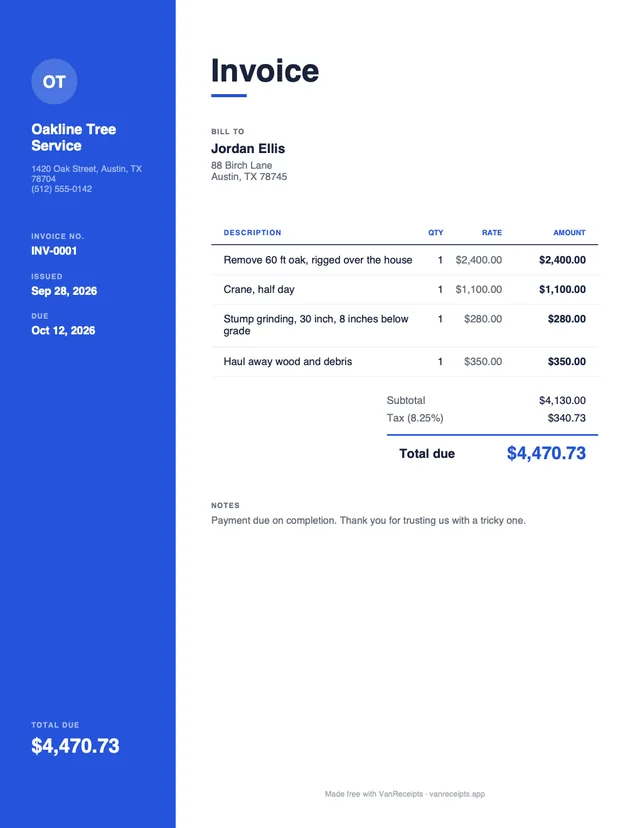 Tree service invoice template in the Modern design, filled with a sample job