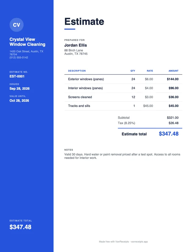 Window cleaning estimate template in the Modern design, filled with a sample job