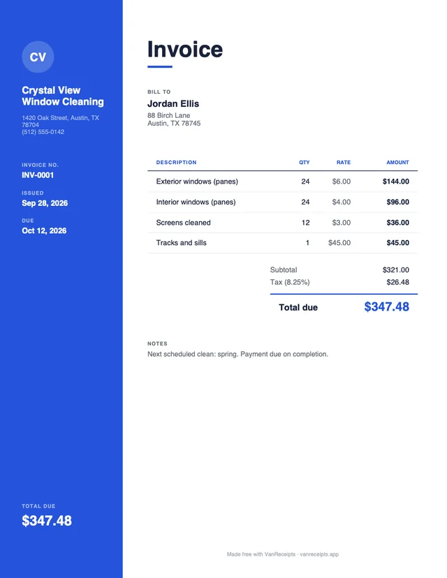 Window cleaning invoice template in the Modern design, filled with a sample job