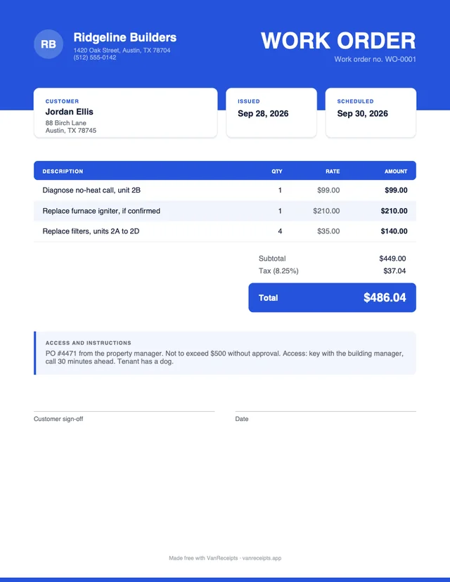 Work order template in the Bold design, filled with a sample job