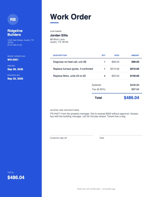 Work order template in the Modern design, filled with a sample job